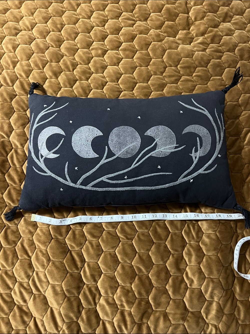 Black, Gray Metallic & Embroidery Moon Phase 19x12 Lumbar Tasseled Throw Pillow
